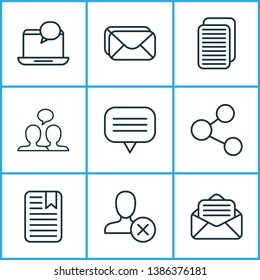 Communication icons set with inbox, open envelope, share and other mailbox elements. Isolated vector illustration communication icons.