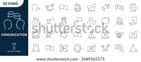 Communication Icons Set. Interpersonal Interaction, Digital Messaging, And Global Connectivity Outline Symbol Collection. Editable Stroke. Isolated Vector Illustration.