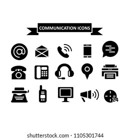 Communication icons set isolated on white background. Simple black flat shapes. Vector illustration.