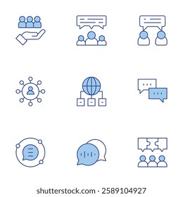 Communication icons set. Line Duotone style, editable stroke. communications, target, communication, unity, chat, sharing, language.