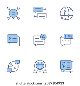 Communication icons set. Line Duotone style, editable stroke. communication, communications, conversation, womens day, worldwide, chat, global, live chat, notification.