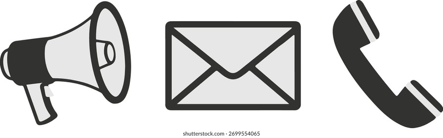 Conjunto de iconos de comunicación: megáfono, sobre y teléfono para contactarnos, publicidad, marketing y Asistencia comercial