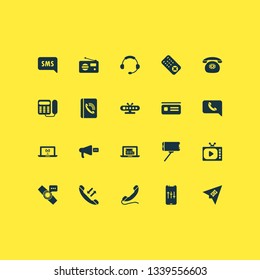 Communication icons set with mobile notification, audio adjustment, tv and other headset elements. Isolated vector illustration communication icons.