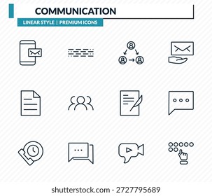 communication icons set - mobile receiving email, morse code, people connection, chat bubble, braille outline vector collection.