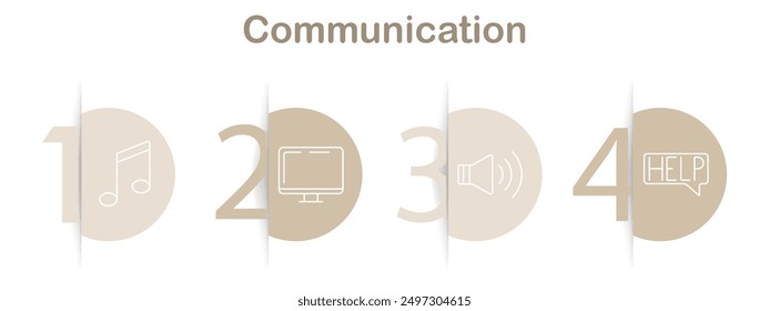 Conjunto de iconos de comunicación. Nota de música, escritorio, control de volumen, chat de ayuda