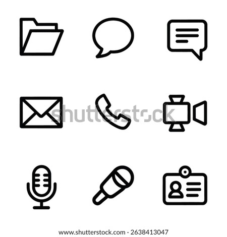 Communication Icons Set: A set of nine essential communication icons, including folder, speech bubble, message, email, phone, video camera, microphone, microphone, and ID card, perfect for websites.