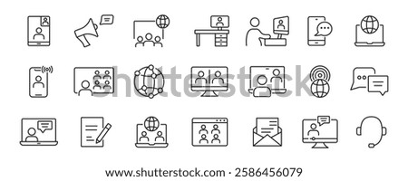 Communication icons set.  Online communication, Discussion, video conference, talk. Vector illustration.
