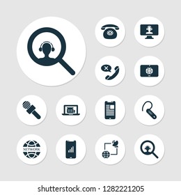 Communication icons set with online news, article on phone, touchscreen and other mic elements. Isolated vector illustration communication icons.