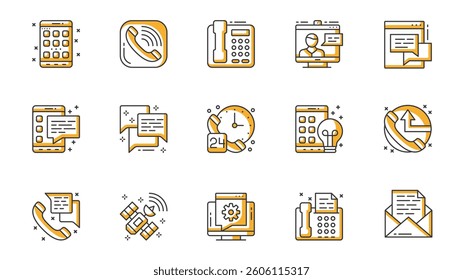 Communication icons set in outline stroke design for web. Pack line pictograms with application, phone call, video zoom, chat, message, speech bubble, customer support, other. Vector illustration.