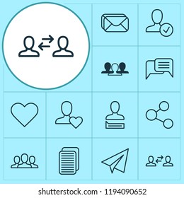 Communication icons set with paper plane, approv, share and other society elements. Isolated vector illustration communication icons.