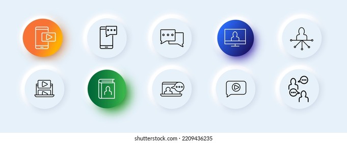 Communication icons set. Phone, message, communication, online conference, communication, video. Communication concept. Neomorphism style. Vector line icon for business.