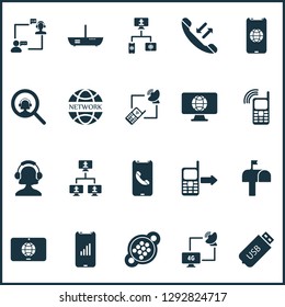 Communication icons set with search operator, 9 pin connector, linked computers and other computer communication elements. Isolated vector illustration communication icons.