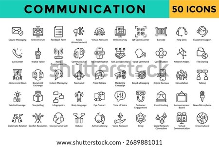 Communication icons set with secure messaging, online forum, feedback form, public announcement, virtual assistant, online survey, qr code scanner, barcode, help desk icon. Simple line vector 
