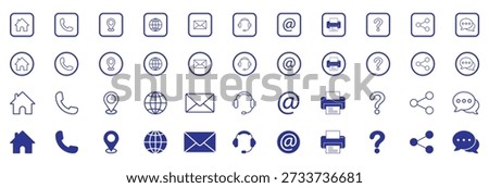 Communication icons set showing phone, email, location, globe, headset, printer, question mark, share, and chat symbols in line style.