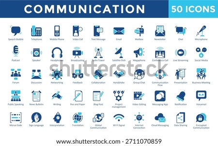 Communication icons set with speech bubble, telephone, mobile phone, video call, text message, email, mailbox, newsletter, chat, microphone icon. Simple flat vector 
