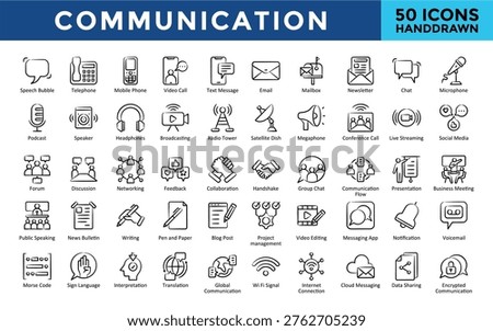 Communication icons set with speech bubble, telephone, mobile phone, video call, text message, email, mailbox, newsletter, chat, microphone icon. Simple handdrawn vector 
