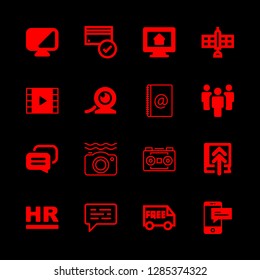 communication icons set with team, waterproof camera and verified credit card vector set