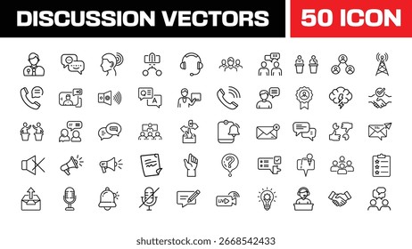 Conjunto de iconos de comunicación, estilo de línea delgada, conceptos de negocios y redes sociales