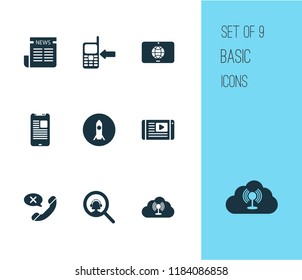 Communication icons set with touchscreen, fast wifi, newspaper and other blog elements. Isolated vector illustration communication icons.