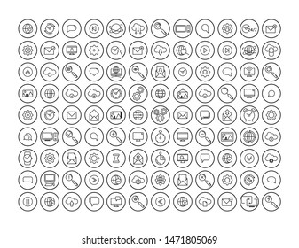 Communication icons set. Universal communication icon to use in web and mobile UI, communication basic UI elements set. cloud, clock, gear, mail, picture, web, internet, footnote, search, computer.