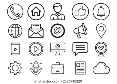 Os ícones de comunicação definem o vetor isolado no fundo branco.