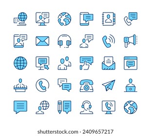 Communication icons set. Vector line icons. Blue color outline stroke symbols. Modern concepts