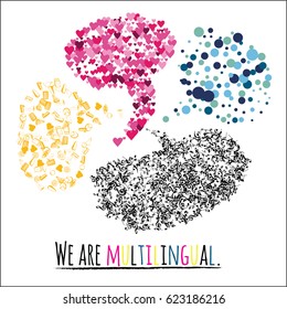 Communication icons set. Vector speech bubbles in black, yellow, pink, and blue with different patterns. Can be used for ads, translation agency logo or a language school.