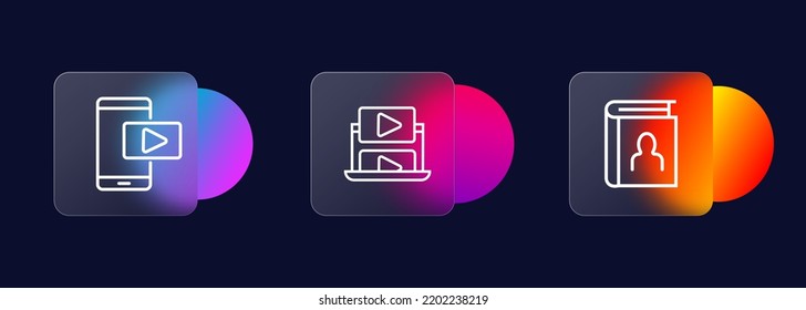Communication icons set. Video, blog, phone, monitor, notebook, data transfer. Communication concept. Glassmorphism style. Vector line icon for business.