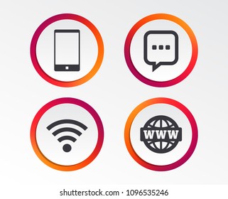 Communication icons. Smartphone and chat speech bubble symbols. Wifi and internet globe signs. Infographic design buttons. Circle templates. Vector