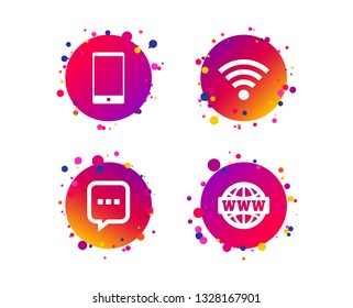 Communication icons. Smartphone and chat speech bubble symbols. Wifi and internet globe signs. Gradient circle buttons with icons. Random dots design. Vector