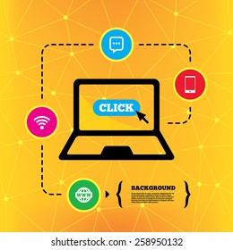 Communication icons. Smartphone and chat speech bubble symbols. Wifi and internet globe signs. Notebook device orange background with icons. Vector