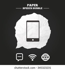 Communication icons. Smartphone and chat speech bubble symbols. Wifi and internet globe signs. Paper speech bubble with icon.