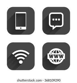 Communication icons. Smartphone and chat speech bubble symbols. Wifi and internet globe signs. Square flat buttons with long shadow.