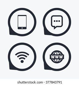 Communication icons. Smartphone and chat speech bubble symbols. Wifi and internet globe signs. Flat icon pointers.