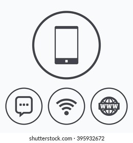 Communication icons. Smartphone and chat speech bubble symbols. Wifi and internet globe signs. Icons in circles.