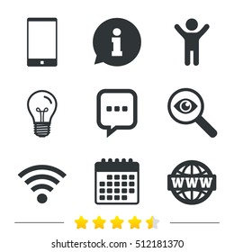 Communication icons. Smartphone and chat speech bubble symbols. Wifi and internet globe signs. Information, light bulb and calendar icons. Investigate magnifier. Vector