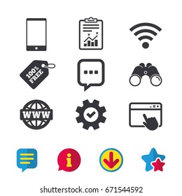 Communication icons. Smartphone and chat speech bubble symbols. Wifi and internet globe signs. Browser window, Report and Service signs. Binoculars, Information and Download icons. Stars and Chat