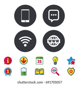 Communication icons. Smartphone and chat speech bubble symbols. Wifi and internet globe signs. Calendar, Information and Download signs. Stars, Award and Book icons. Light bulb, Shield and Search