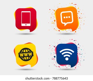 Communication icons. Smartphone and chat speech bubble symbols. Wifi and internet globe signs. Speech bubbles or chat symbols. Colored elements. Vector