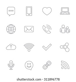 Communication icons. Smartphone, laptop and speech bubble symbols. Wi-fi and Rss. Online love dating, mail and globe thin outline signs. Outline line icons on white background. Vector