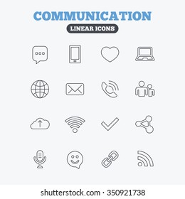 Communication icons. Smartphone, laptop and speech bubble symbols. Wi-fi and Rss. Online love dating, mail and globe thin outline signs. Linear icons on white background.