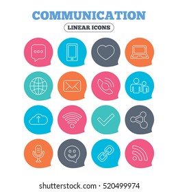 Communication icons. Smartphone, laptop and speech bubble symbols. Wi-fi and Rss. Online love dating, mail and globe thin outline signs. Flat speech bubbles with linear icons. Vector