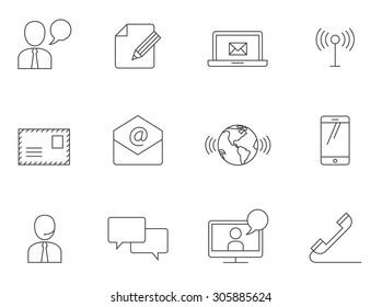 Communication icons in thin outlines. 