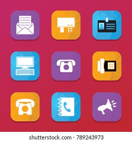 Communication icons. vector collection filled communication icons set.. includes symbols such as adress book, mail, pc, badge, desk phone. use for web, mobile and ui design.