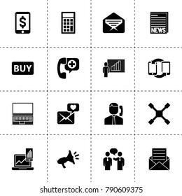Communication icons. vector collection filled communication icons. includes symbols such as mail, wheel wrench, call center, calculator. use for web, mobile and ui design.