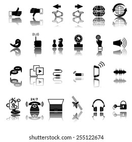  Communication icons. Wireless technology, black web icons set.