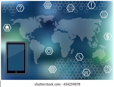 Communication Icons, World Map and Mobile Phone.Modern Vector Symbols and Continents Silhouettes on Blurry Blue background.