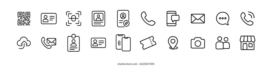 Comunicação, conjunto de ícones de identificação. Ícones de contorno de mensagem, contato