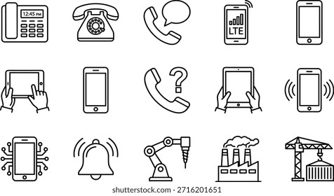 Conjunto de iconos de comunicación y tecnología industrial, teléfonos inteligentes, tabletas, fábrica, brazo robótico, señal, Ilustración vectorial para telecomunicaciones y automatización
