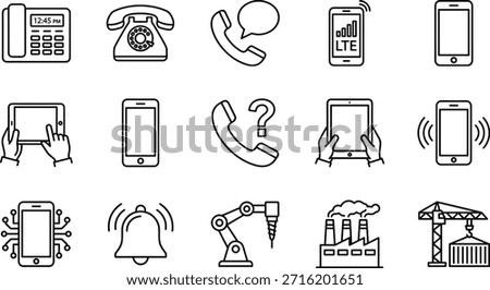 Communication and industrial technology icon set, smartphones, tablets, factory, robotic arm, signal, vector illustration for telecom and automation